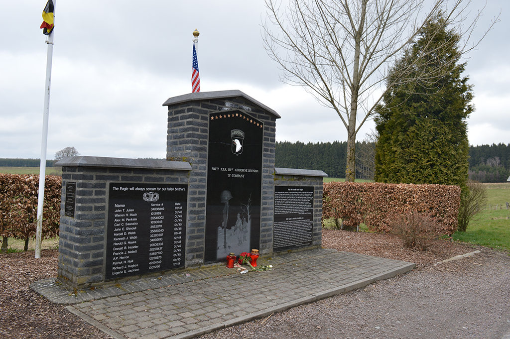 Memorial 101st Airborne Division in Foy (Bastogne). Monument built by The Men of Easy Company Foundation and the Group COBRA. It is dedicated to the men of E Company / 506th PIR / 101st Airborne Division and especially to the 14 men killed in action in this area.