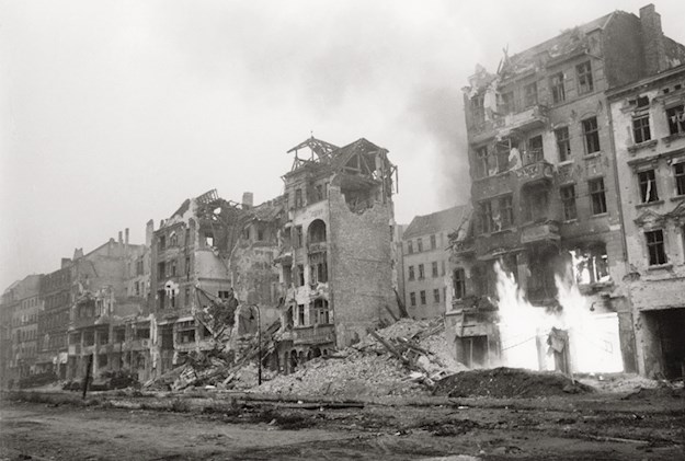 Destruction and houses on fire. Frankfurter Allee, Berlin-Friedrichshain, 28 April 1945.
