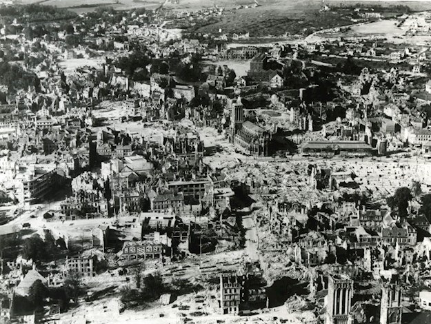 An aerial view of Caen which suffered heavily of the Allied bombardments from 6 June.