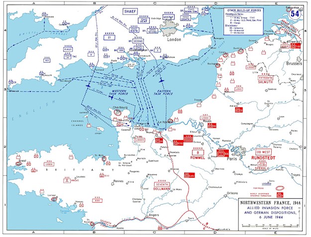 Map showing disembarkation and embarkation points for the D-Day landings.
