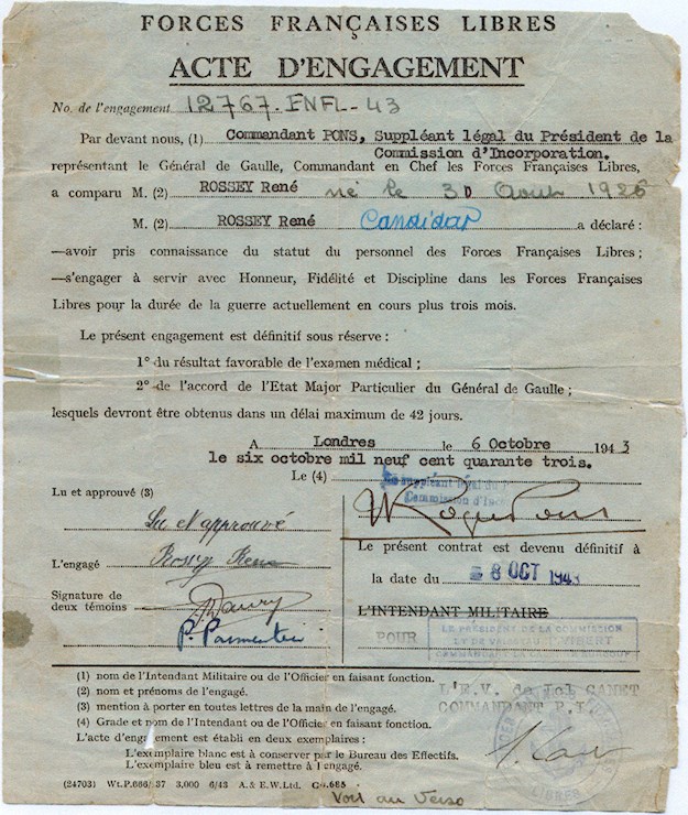 The act of enlistment of René Rossey with the Free French Forces, 6 October 1943. © Memorial de Caen