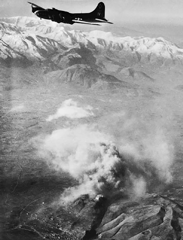 A B-17 Flying Fortress flying over Monte Cassino, 15 February 1944.