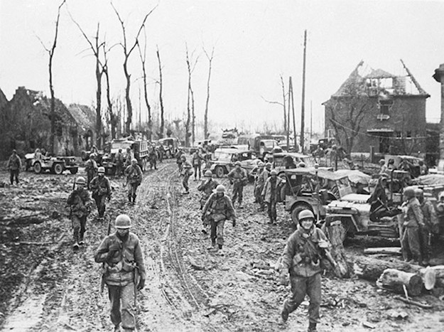 U.S. Infantrymen of the Ninth Army advance towards the Rhine.