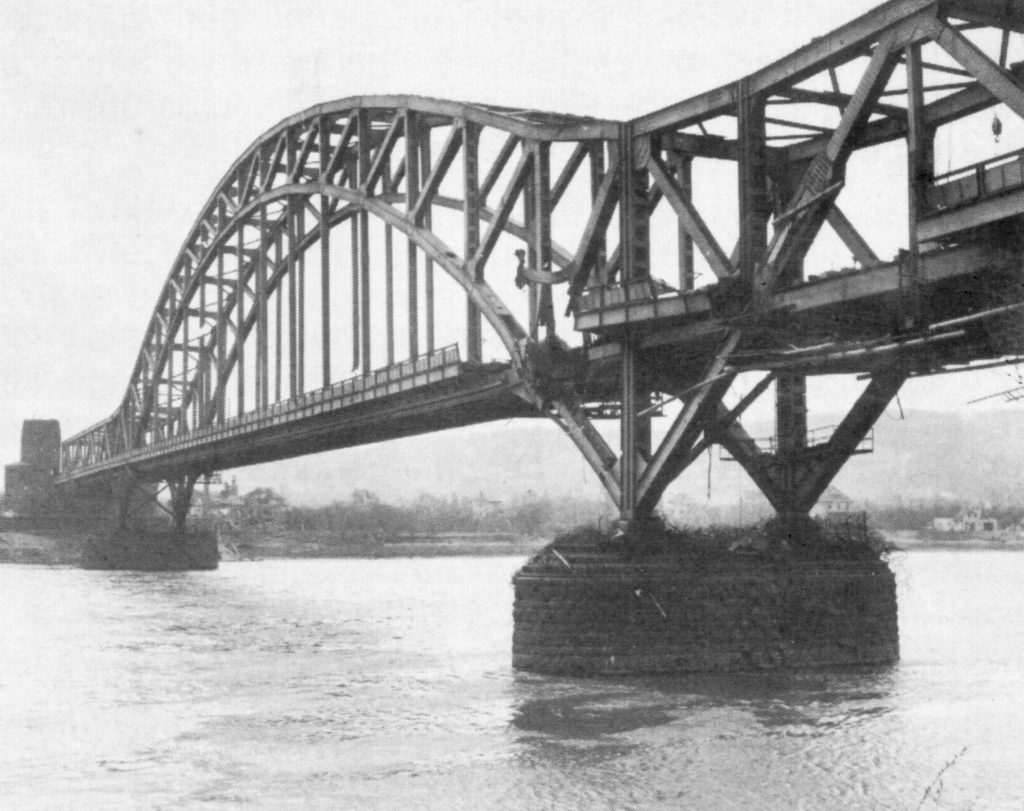 Captured Remagen Bridge with damage visible