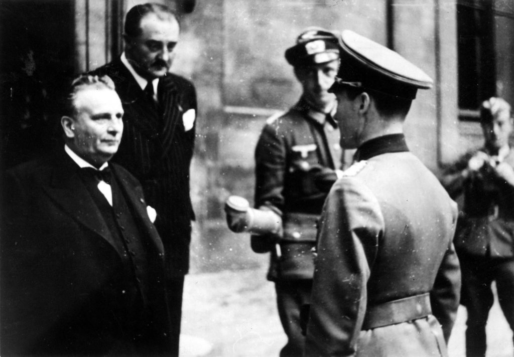 The Mayor of Brussels welcomes the German authorities after the capture of the city (1940)