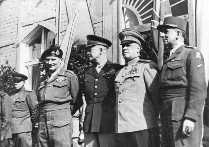 From the right: General Jean de Lattre de Tassigny, Marshal Georgi Zhukov, General Dwight Eisenhower, and Field Marshal Bernard Montgomery, Berlin, 5th June 1945.