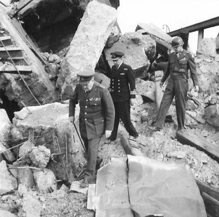 Churchill-Montgomery and Thompson at the wreckage of Rheinbabenbrücke in Wesel